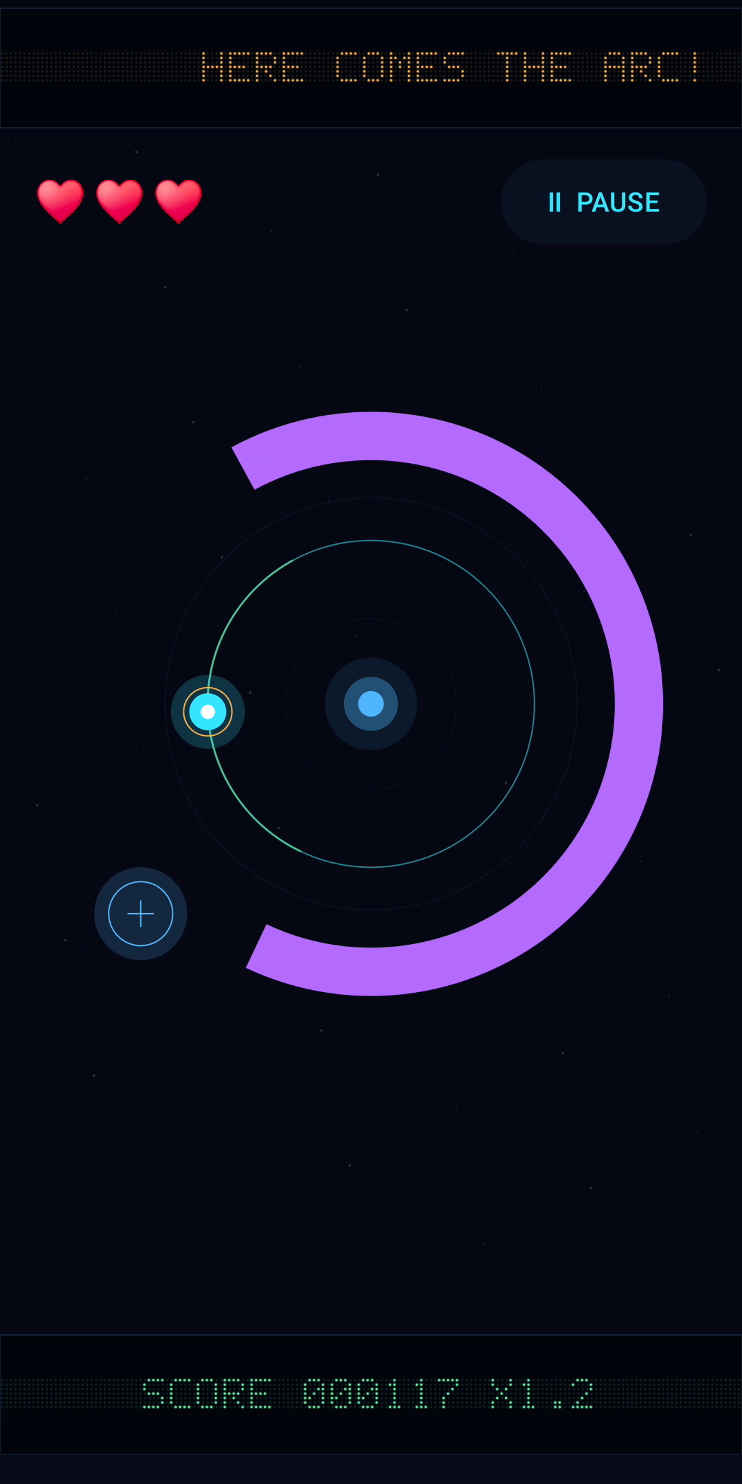 Orbit Escape gameplay showing the large purple arc threat and the player inside the orbit